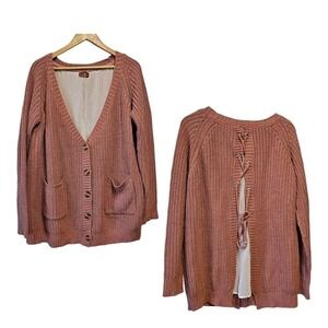 POL Cable Knit Cardigan Sweater Lace‎ Up Back Sheer Liner LARGE